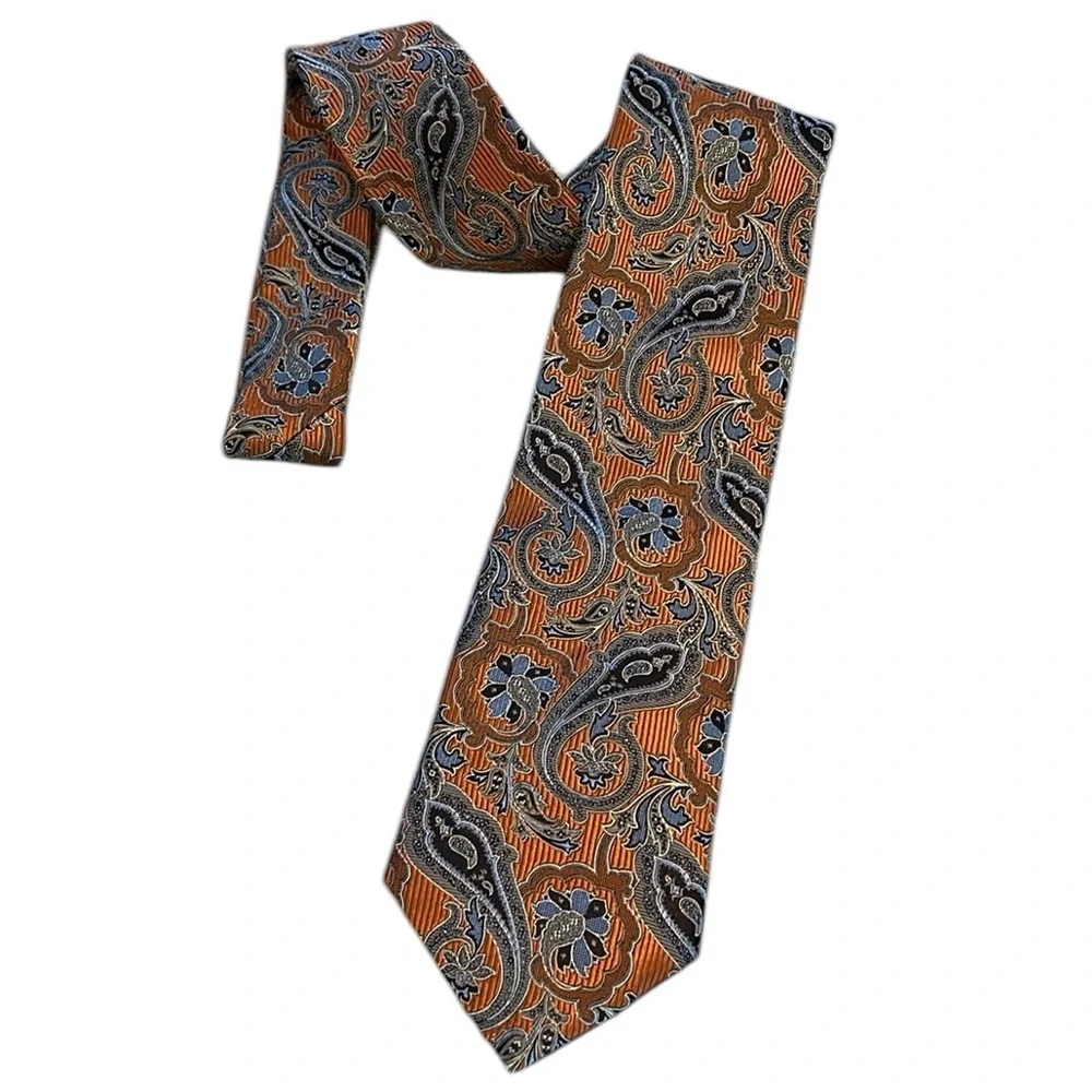 JZ RICHARDS EXTRA LONG HANDMADE SILK PAISLEY TIE ORANGE MULTICOLORED